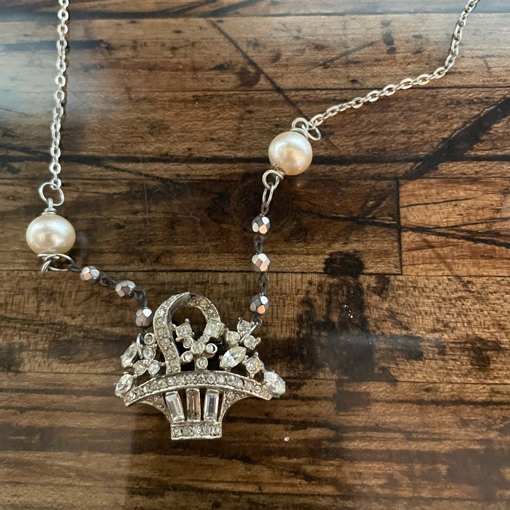 Silver, Pearl and vintage charm necklace
